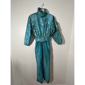 NILS Skiwear One-Piece Teal and Gold Metallic Ski Suit & Accessories Women 8